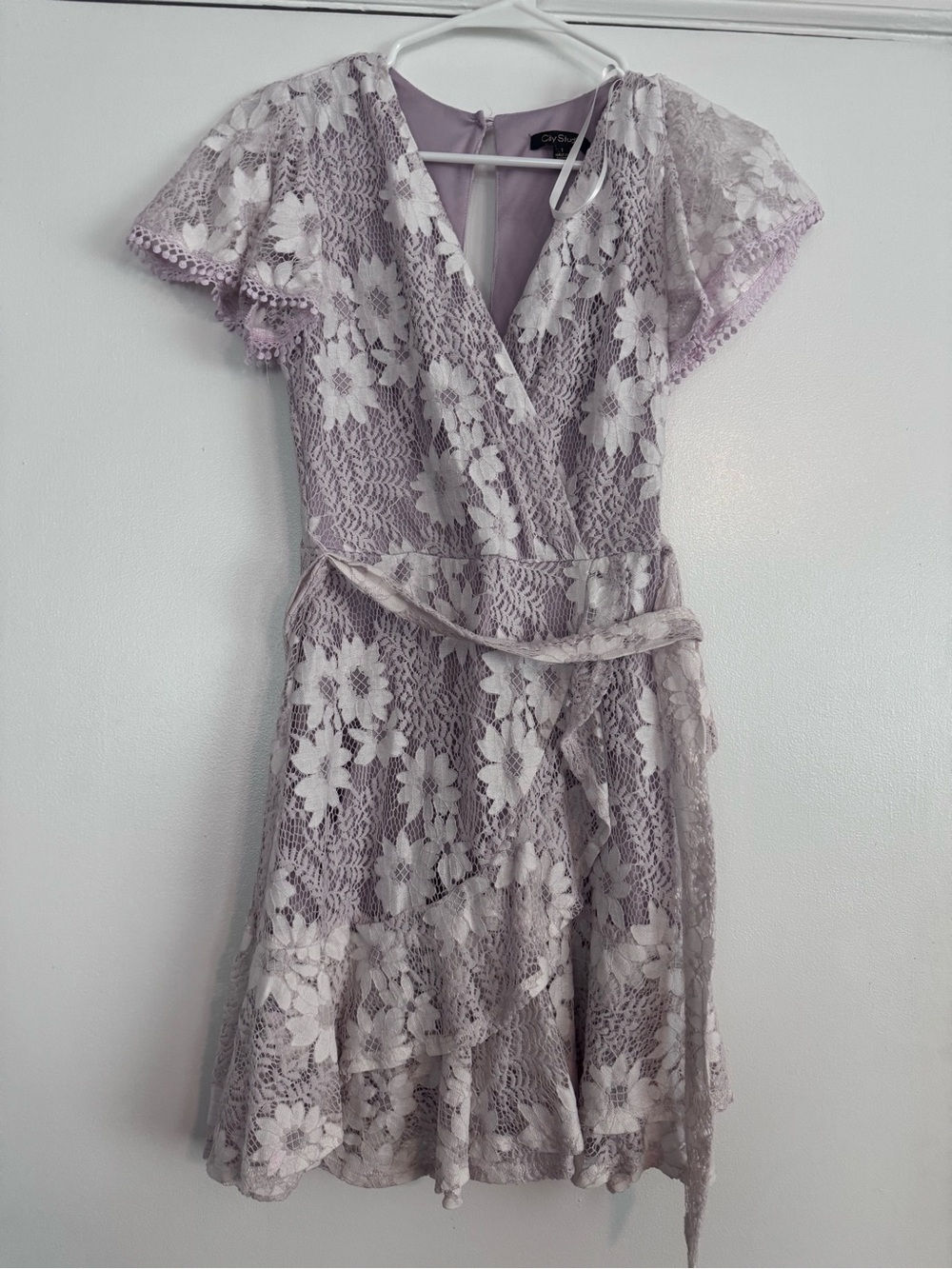 City Studio Lavender Lace Wrap Dress